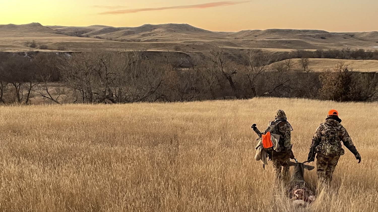 Two hunters walking golden prairie grass at first light