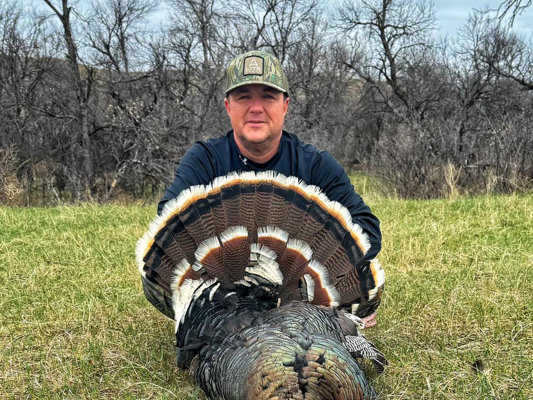 Hunter with a Merriam's gobbler in a South Dakota pine draw